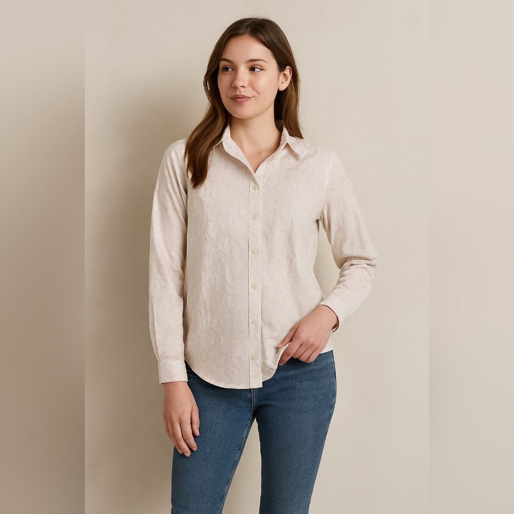 Powder Pink Grey Wrinkle Resistant Printed Button Up Shirt L Blouse Quiet Luxury